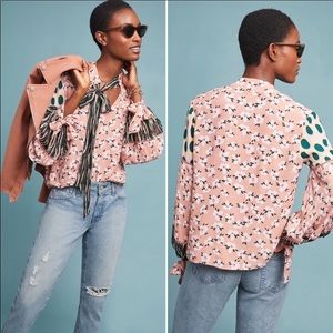 Anthropologie Pink Floral Blouse with Green Accents